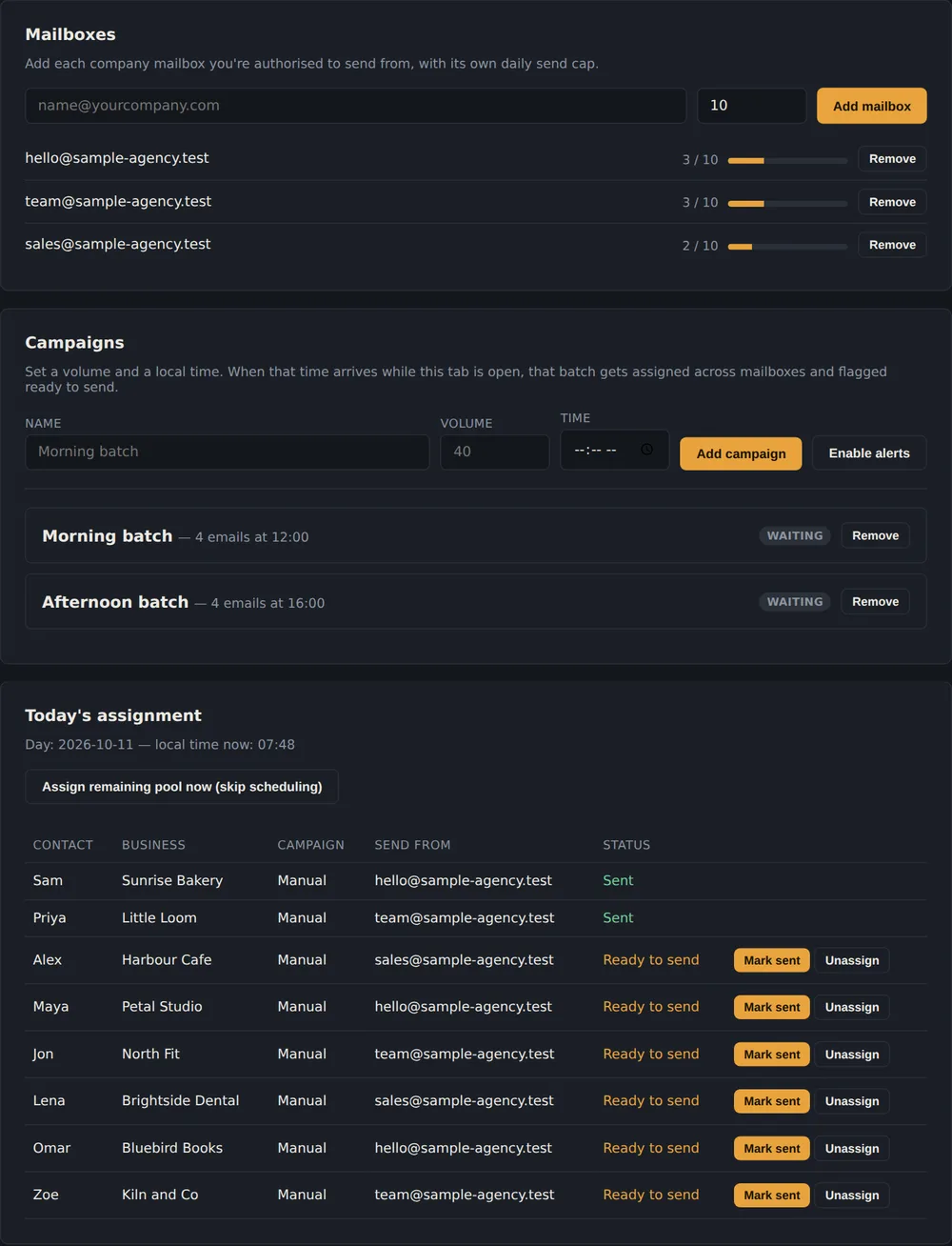 The Outreach Rotation Tracker showing three mailboxes with daily caps, two timed campaigns and contacts assigned in rotation