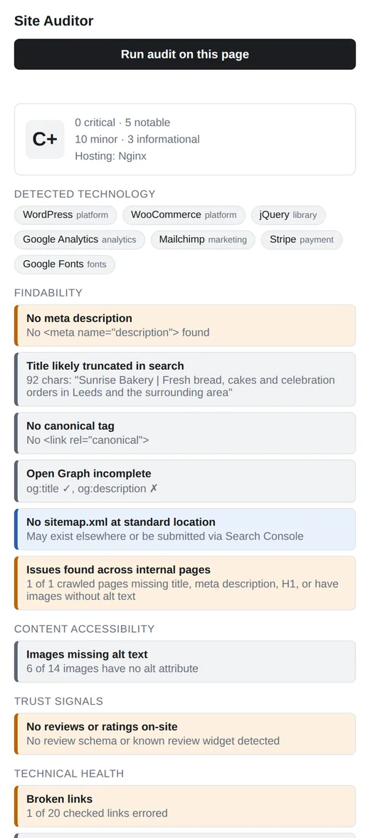 The Site Auditor popup showing a C+ grade, detected technology and findings for a sample website